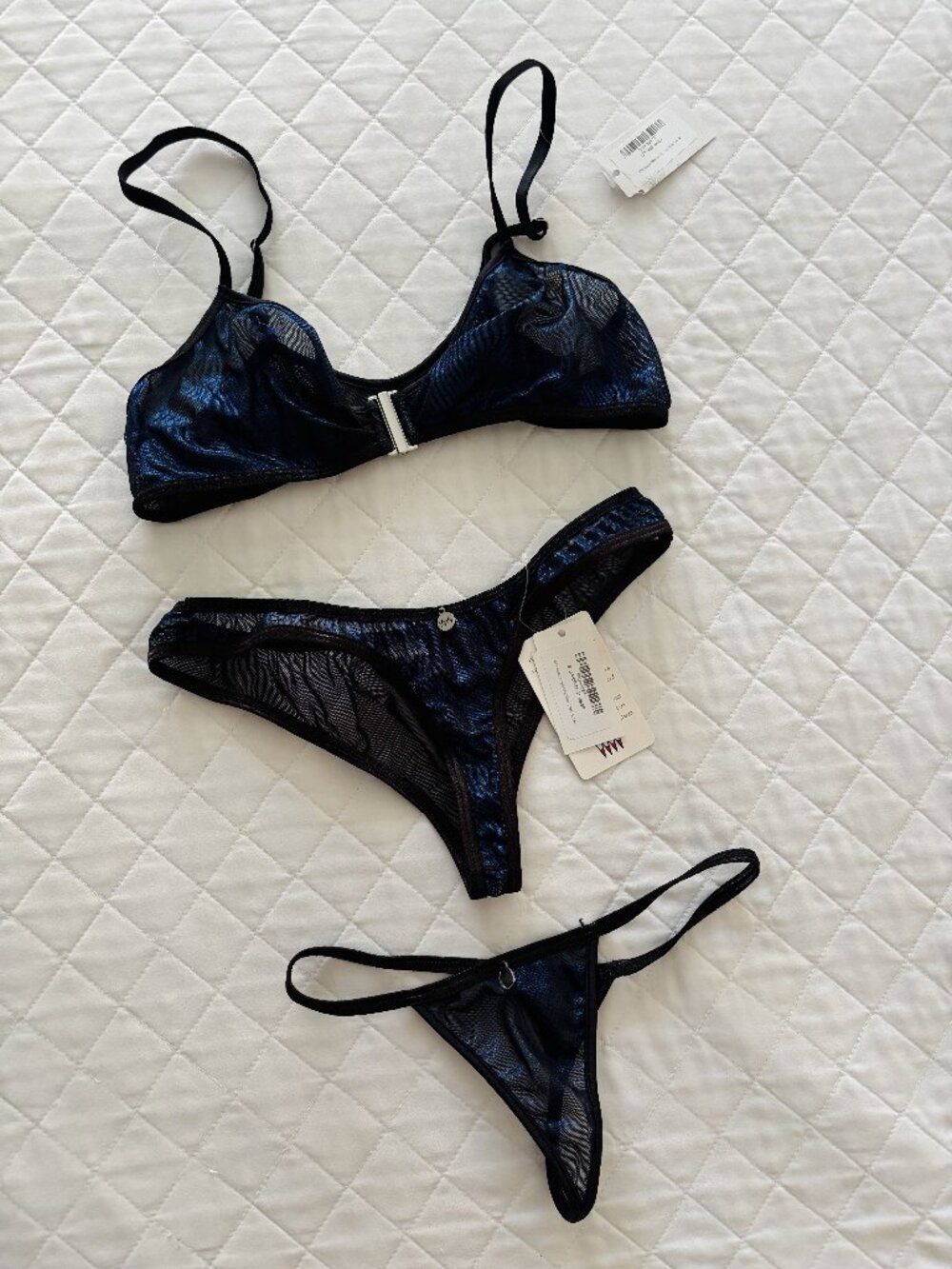 Wicked Weasel "Disco Inferno" Blue Mesh Bralette & Panty 3 Piece Lingerie Set